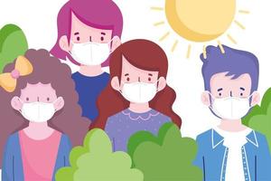 new normal, people young with masks cartoon in the park vector