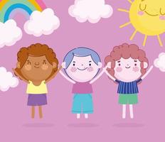 día del niño, dibujos animados de niños pequeños arcoiris y sol vector