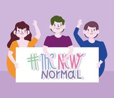 new normal lifestyle, happy people with placard new normal vector