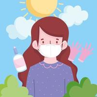 new normal, woman with medical mask gloves and sanitizer hands bottle vector