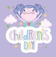 childrens day, little girl cartoon and colored lettering vector