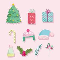 merry christmas, cute cartoon tree gifts candy cane warm hats and holly berry icons vector