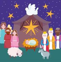 nativity, manger scene with joseph mary baby and wise kings cartoon vector