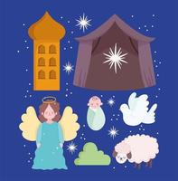 natividad, pesebre bebé jesús ángel oveja paloma y estrella de dibujos animados vector