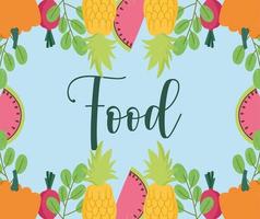 food background with fruits and vegetables pineapple watermelon pumpkin and foliage vector