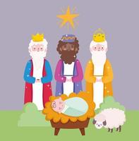 nativity, manger cute baby jesus and three wise kings cartoon vector