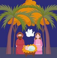 nativity, manger cute mary joseph baby and dove cartoon vector
