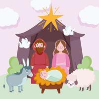 natividad, pesebre linda sagrada familia y animales en dibujos animados de choza vector