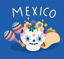 Calavera mexicana con maracas y tacos, cultura de México vector