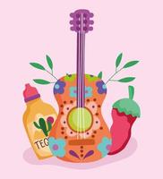 mexican tequila bottle guitar and pepper, mexico culture vector