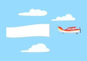 Retro aircraft with ribbon banner advertising, in the sky above the clouds. vector