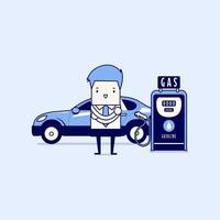 Gas station and businessman. Cartoon character thin line style vector. vector