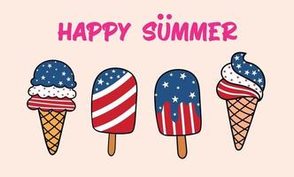 feliz verano, helado patriótico y paleta con rayas y estrellas, ilustración de vector de doodle de dibujos animados