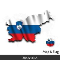 Slovenia map and flag . Waving textile design . Dot world map background . Vector .