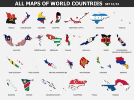 All maps of world countries and flags . Set 10 of 10  Complete  . Collection of outline shape of international country map with shadow . Flat design . Vector .