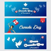 Conjunto de banners vectoriales para las celebraciones del día de Canadá con banderas y elementos decorativos sobre fondo azul. vector