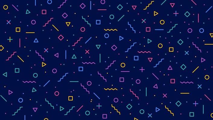 Abstract simple geometric background with different geometric shapes - square, triangles, circles, dots, lines. Memphis style. Bright and colorful, 90s style. Neon colors pattern.