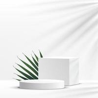 Modern white geometric pedestal podium with green palm leaf. Platform in shadow. Abstract white and gray minimal wall scene. Vector rendering 3d shape cosmetic product display presentation.