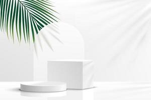 Modern white geometric pedestal podium with green palm leaf. Platform in shadow. Abstract white and gray minimal wall scene. Vector rendering 3d shape cosmetic product display presentation.