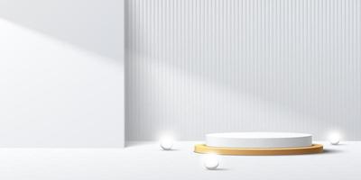 moderno podio de pedestal cilíndrico blanco y dorado con esfera de neón. Escena mínima blanca abstracta. Telón de fondo de textura de rayas verticales en la sombra. Representación vectorial Presentación de exhibición de productos de forma 3D. vector