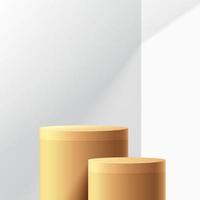 Modern golden cylinder pedestal podium with shadow. Geometric platform design. Abstract white minimal wall scene. Studio room concept. Vector rendering 3d shape, Product display presentation.