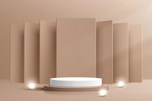 moderno podio de pedestal cilíndrico blanco y marrón con bola de esfera de neón brillante. Escena mínima de color beige abstracto. telón de fondo geométrico en la sombra. Representación vectorial Presentación de exhibición de productos de forma 3D. vector