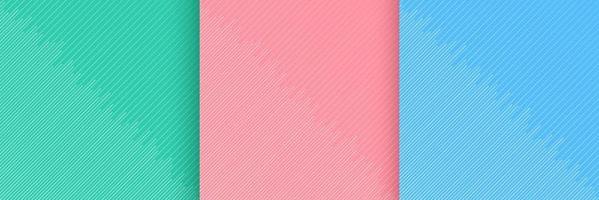 Set of abstract minimal design stripe and diagonal lines pattern on green pink and blue background. Simple flat trendy color design for presentation, flyer, brochure, website, front page. Vector illustration