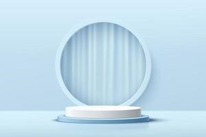 Modern white and blue cylinder pedestal podium. Abstract pastel blue color minimal wall scene. Geometric circle backdrop with curtain. Vector rendering 3d shape, cosmetic product display presentation.