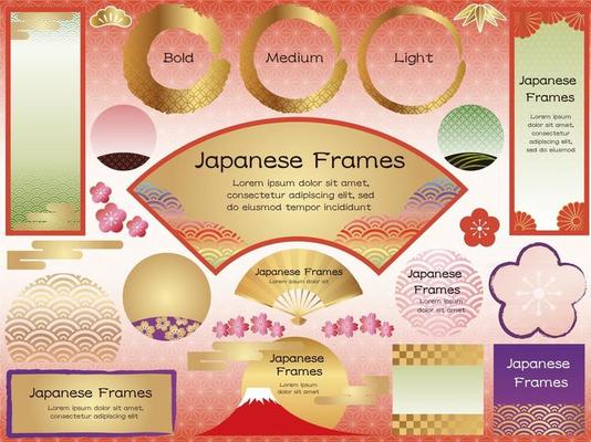 Set Of Japanese Style Vector Frames And Backgrounds