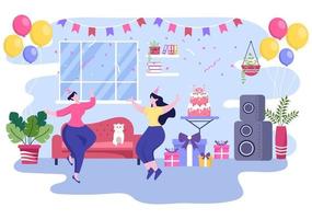 fiesta de cumpleaños feliz celebrando la ilustración con diseño de globos, sombreros, confeti, regalos y pasteles
