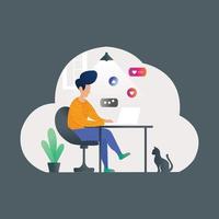 Boy working on computer illustration vector concept