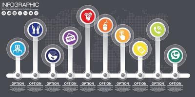 Timeline 10 options or steps vector infographic. World map Background