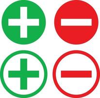 Iconos de signos positivos y negativos en color verde y rojo de relleno y contorno vector