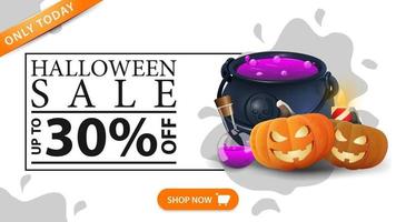 Halloween sale, up to 30 off, white horizontal discount web banner with water drop minimal design, witch's cauldron and pumpkin Jack vector