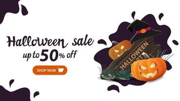 Halloween sale, up to 50 off, white horizontal discount web banner with water drop minimal design, wooden sign, witch hat and pumpkin Jack vector