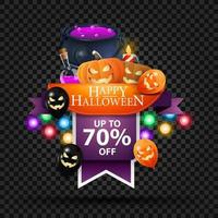 Halloween sale, up to 70 off, discount web banner in the form of ribbon with witch's cauldron and pumpkin Jack vector