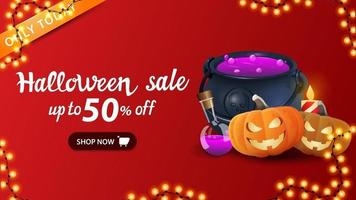 Halloween sale, up to 50 off, red horizontal discount web banner with witch's cauldron and pumpkin Jack vector