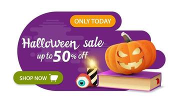 Halloween sale, up to 50 off, banner of geometric liquid style simple form with spell book and pumpkin Jack vector