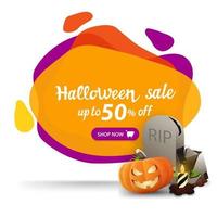 venta de halloween, hasta 50 de descuento, banner colorido creativo con formas líquidas dinámicas vector