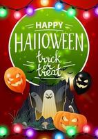 feliz halloween, truco o trato, saludo creativo postal roja con globos de halloween, portal con fantasmas y calabaza jack vector