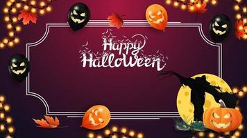 Halloween template for your arts. Pink template with frame for text, autumn leafs, Halloween ballons, garland, Scarecrow and pumpkin Jack against the moon vector