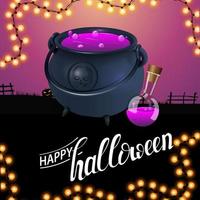 Happy Halloween, square greeting card with witch's cauldron with potion vector
