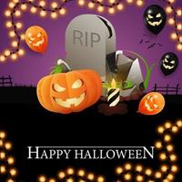 Happy Halloween, square greeting card with tombstone and pumpkin Jack vector