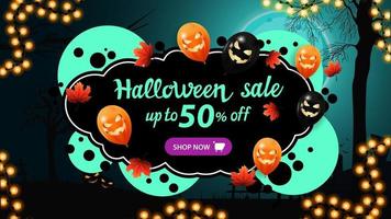 Halloween sale, up to 50 off, creative banner with graffiti style and Halloween background. Template with bubbles, autumn leafs and Halloween balloons vector