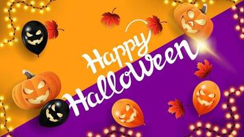 Happy Halloween, greeting postcard with Halloween ballons, autumn leafs and garland. Top view vector