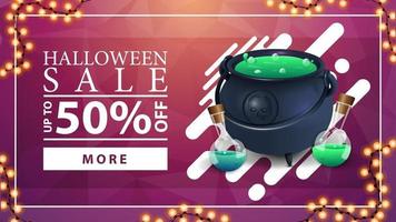 Halloween sale, up to 50 off, pink banner with polygonal texture on the background and witch's cauldron with potion vector