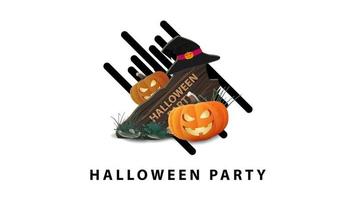 Halloween party, white stylish minimalist greeting postcard with wooden sign, witch hat and pumpkin Jack vector