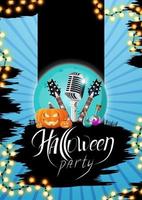 fiesta de halloween, cartel de invitación azul con guitarras, micrófono y calabaza vector