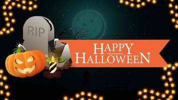 Happy Halloween, greeting banner with ribbon, Halloween landscape on the background, tombstone and pumpkin Jack vector