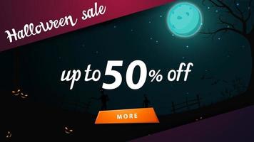 venta de halloween, hasta 50 de descuento, banner de descuento con paisaje de halloween en el fondo. banner web de descuento con botón vector